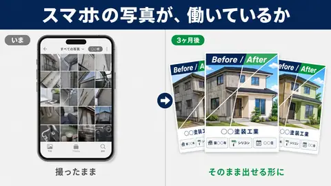 スマホの写真の比較。いまは現場と私物の写真が混ざったカメラロール。3ヶ月後はビフォーアフターを1枚に組んだ投稿画像3枚。