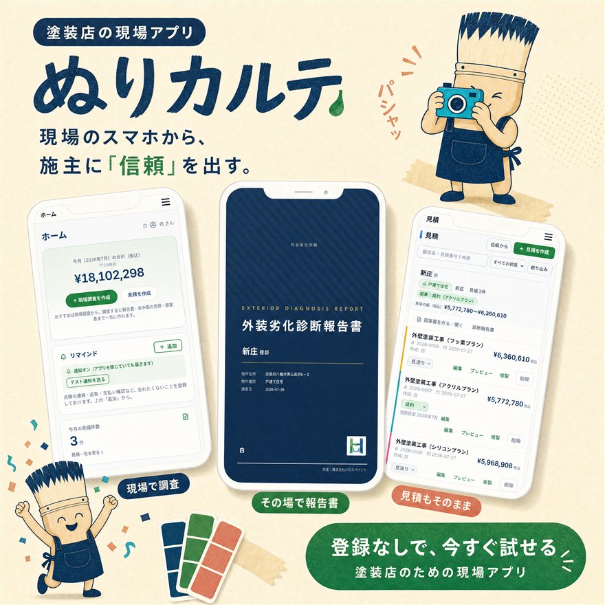 ぬりカルテ：現場のスマホから、施主に信頼を出す。塗装店の現場アプリ